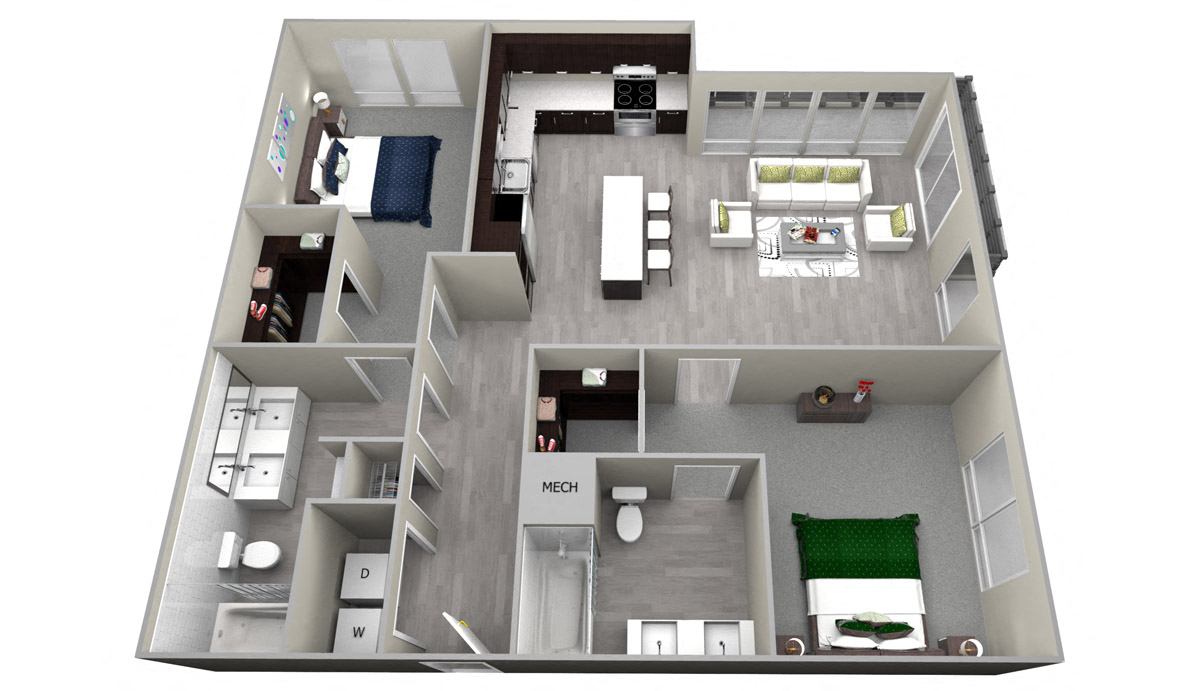 Floor plan for 2 beds, 2 baths, 1232 sqft